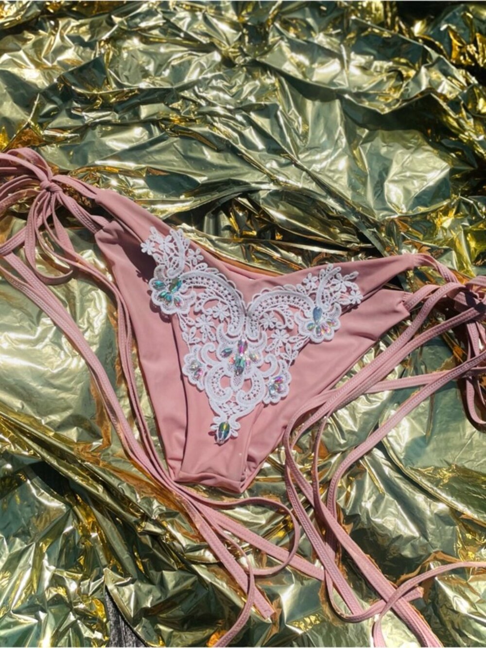 ZAFUL | L | Crochet Panel Rhinestone String Bikini Pink Beige White Bottoms - Picture 3 of 15